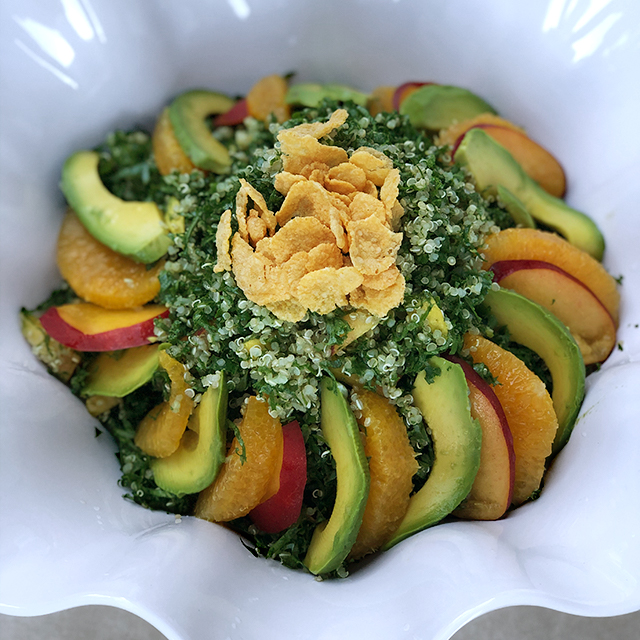 Kale Salad with Cornflakes Topping Avocado Quinoa Nectarine Pomelo